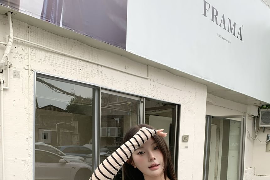 Long-Sleeve Off Shoulder Striped Top / Spaghetti Strap Maxi A-Line Dress