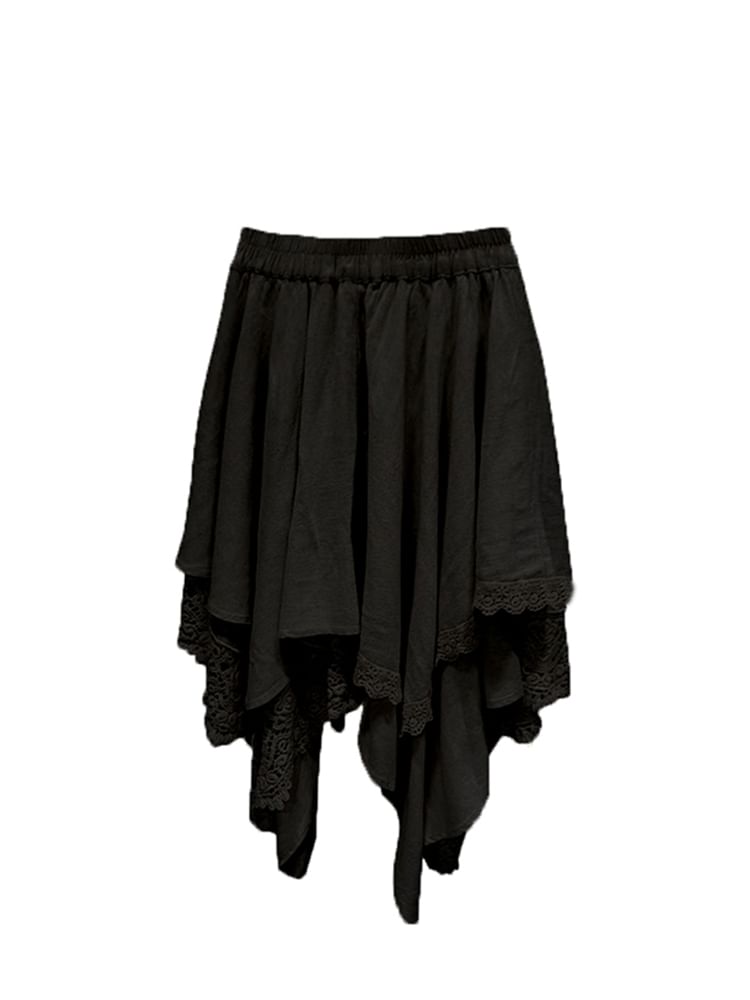 Lace Trim Asymmetrical A-Line Skirt with Elastic Waist