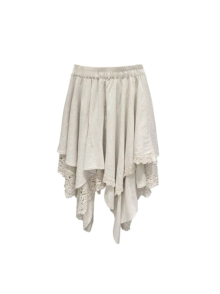 Lace Trim Asymmetrical A-Line Skirt with Elastic Waist