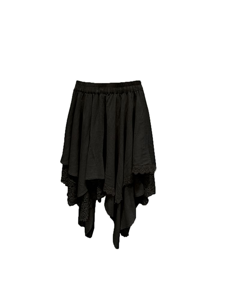 Lace Trim Asymmetrical A-Line Skirt with Elastic Waist