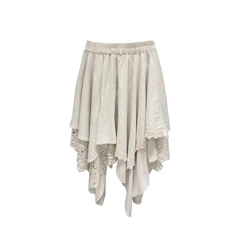 Lace Trim Asymmetrical A-Line Skirt with Elastic Waist