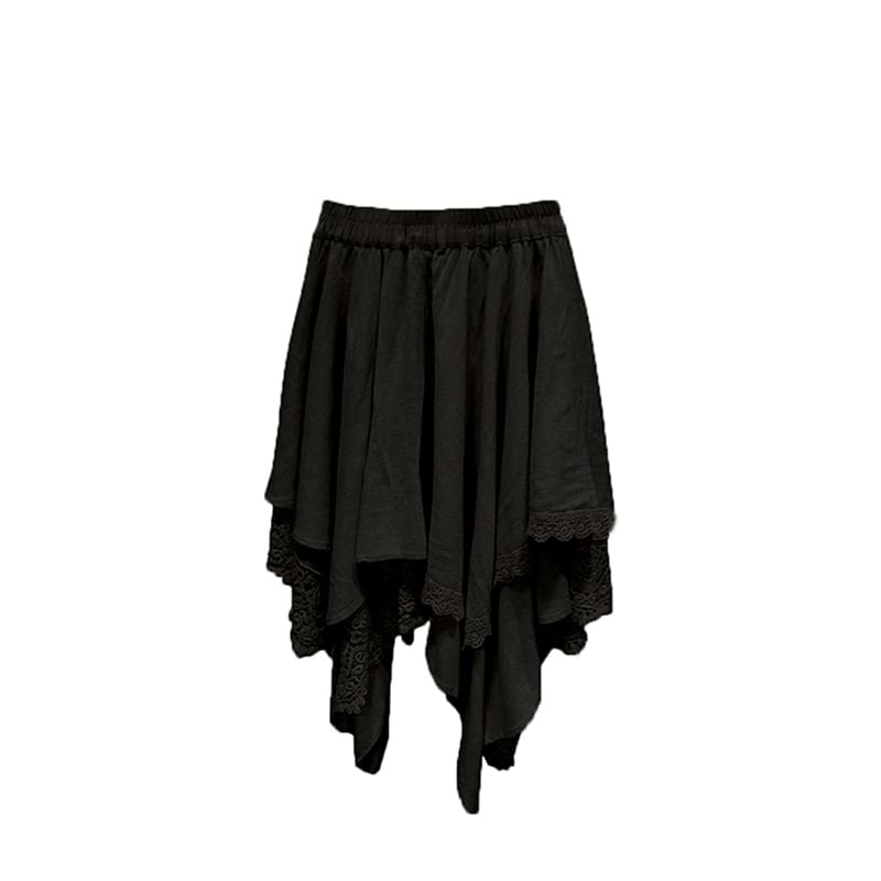 Lace Trim Asymmetrical A-Line Skirt with Elastic Waist