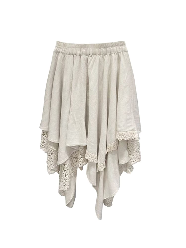 Lace Trim Asymmetrical A-Line Skirt with Elastic Waist