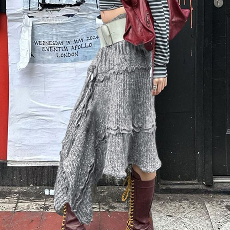 Asymmetric Hem Knitted Midi Skirt with Low Waist