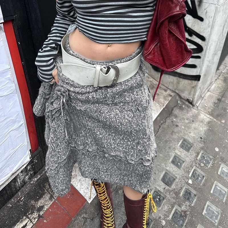 Asymmetric Hem Knitted Midi Skirt with Low Waist