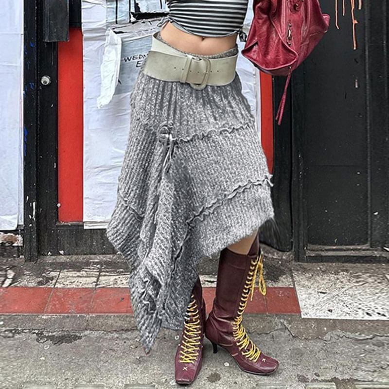 Asymmetric Hem Knitted Midi Skirt with Low Waist