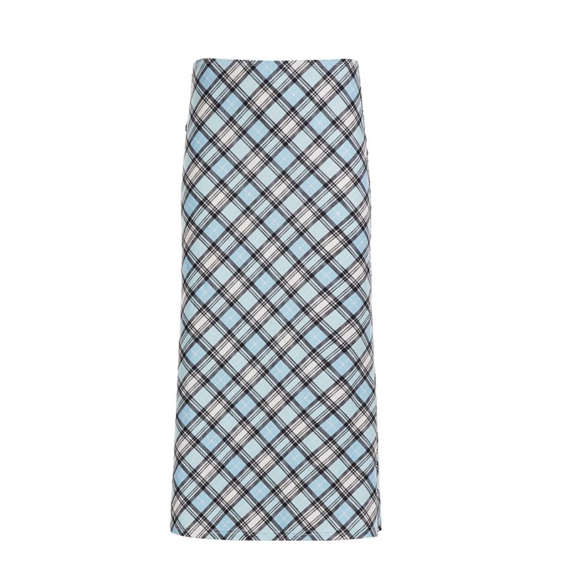 Plaid Midi A-Line Skirt with Mid Waist