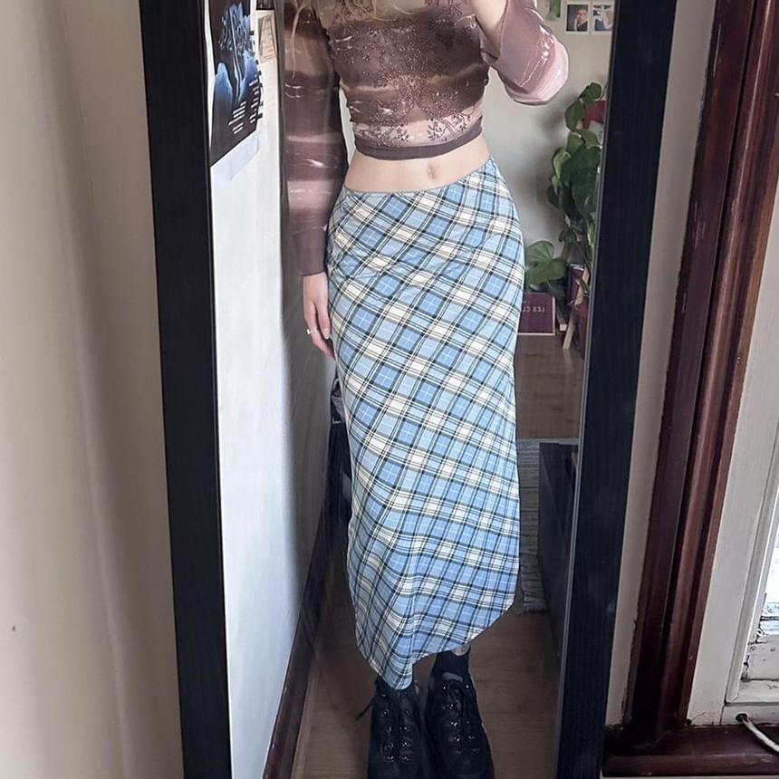 Plaid Midi A-Line Skirt with Mid Waist