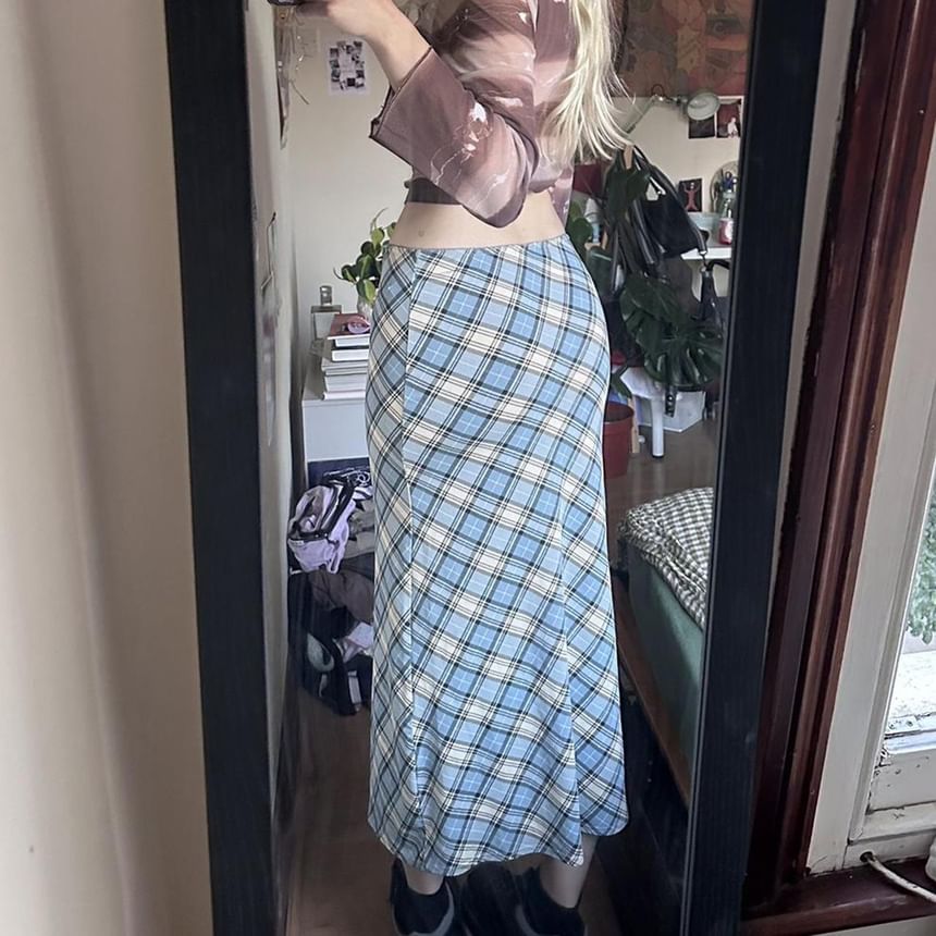 Plaid Midi A-Line Skirt with Mid Waist