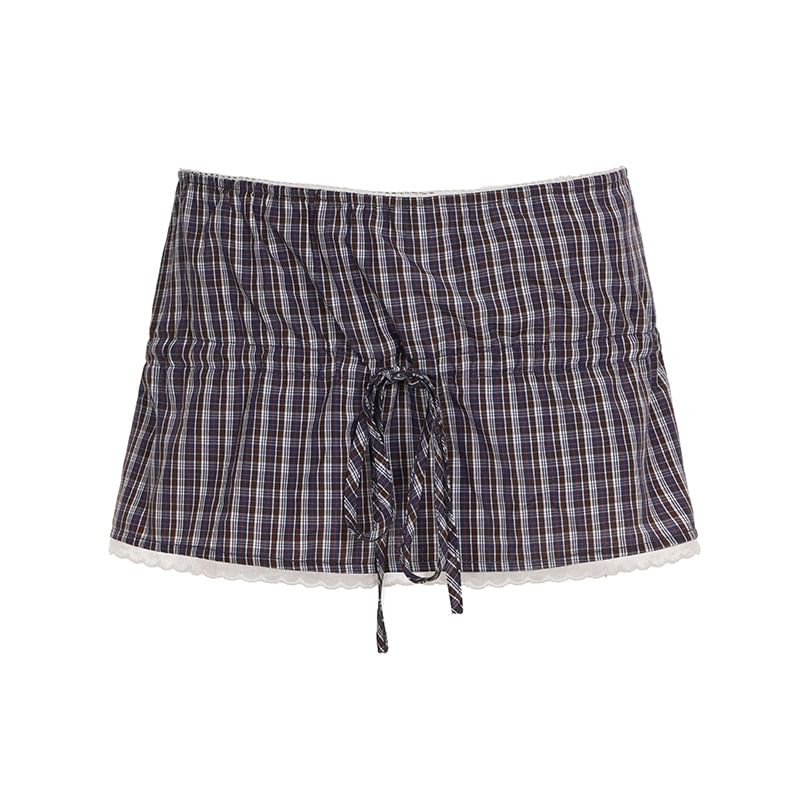 V-Neck Plaid Crop Shirt & Lace-Trim Mini Skirt