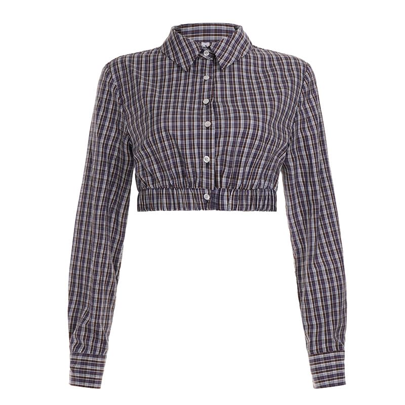 V-Neck Plaid Crop Shirt & Lace-Trim Mini Skirt
