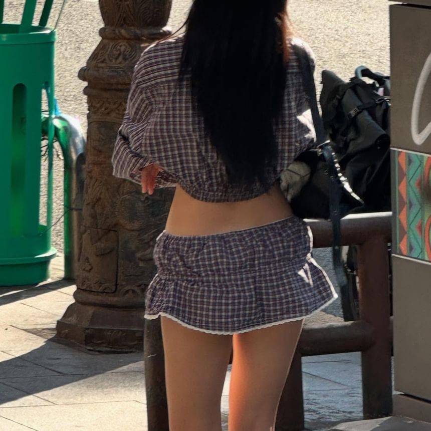 V-Neck Plaid Crop Shirt & Lace-Trim Mini Skirt