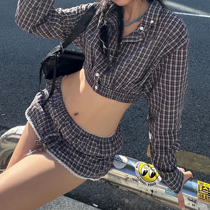 V-Neck Plaid Crop Shirt & Lace-Trim Mini Skirt