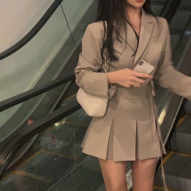Crop Wrap Blazer & Pleated Mini Skirt Set