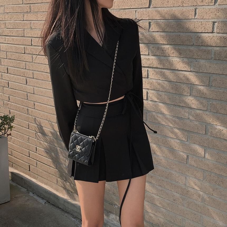 Crop Wrap Blazer & Pleated Mini Skirt Set