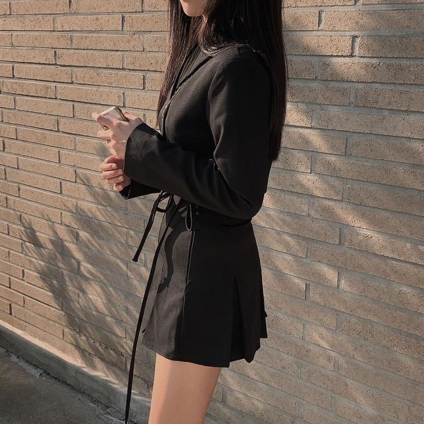 Crop Wrap Blazer & Pleated Mini Skirt Set