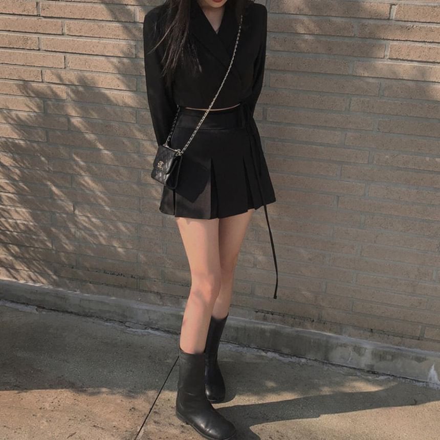 Crop Wrap Blazer & Pleated Mini Skirt Set