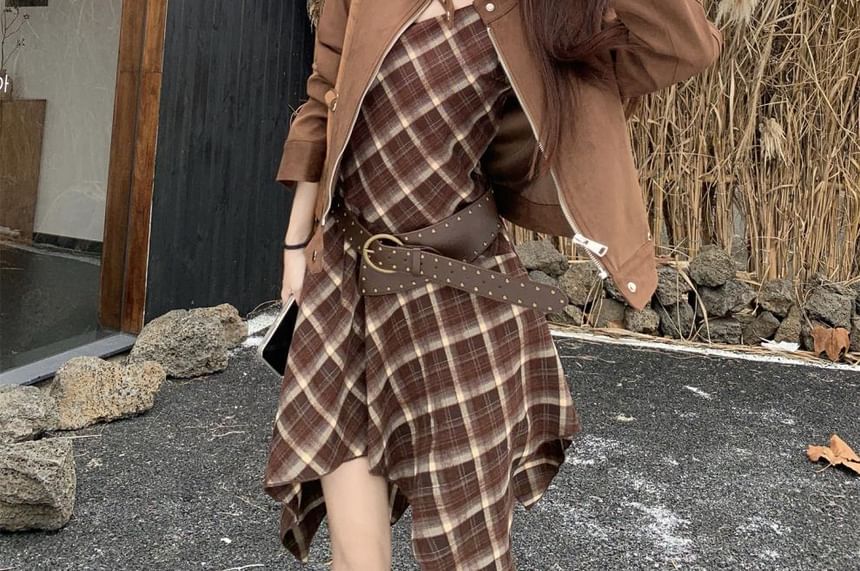 Spaghetti Strap V-Neck Plaid Asymmetrical Mini A-Line Dress / Belt / Band Collar Plain Faux Suede Zip Jacket / Set