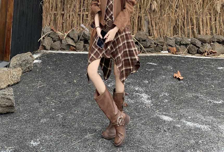 Spaghetti Strap V-Neck Plaid Asymmetrical Mini A-Line Dress / Belt / Band Collar Plain Faux Suede Zip Jacket / Set