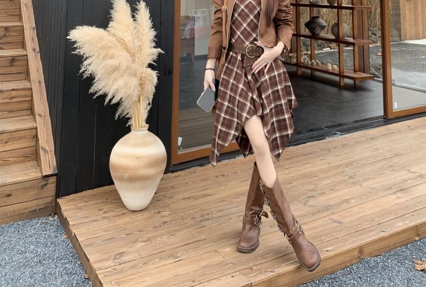 Spaghetti Strap V-Neck Plaid Asymmetrical Mini A-Line Dress / Belt / Band Collar Plain Faux Suede Zip Jacket / Set