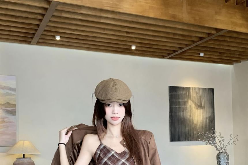 Spaghetti Strap V-Neck Plaid Asymmetrical Mini A-Line Dress / Belt / Band Collar Plain Faux Suede Zip Jacket / Set