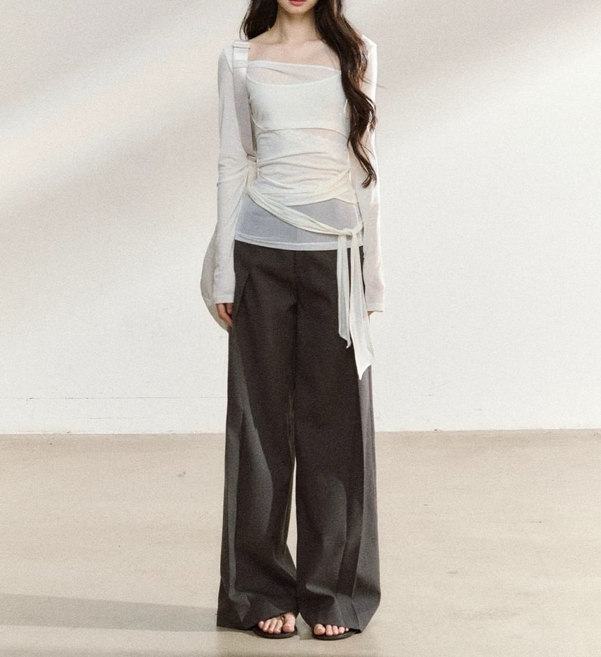Long Sleeve Asymmetrical Neck Plain Tie Waist Tee / High Rise Wide Leg Pants