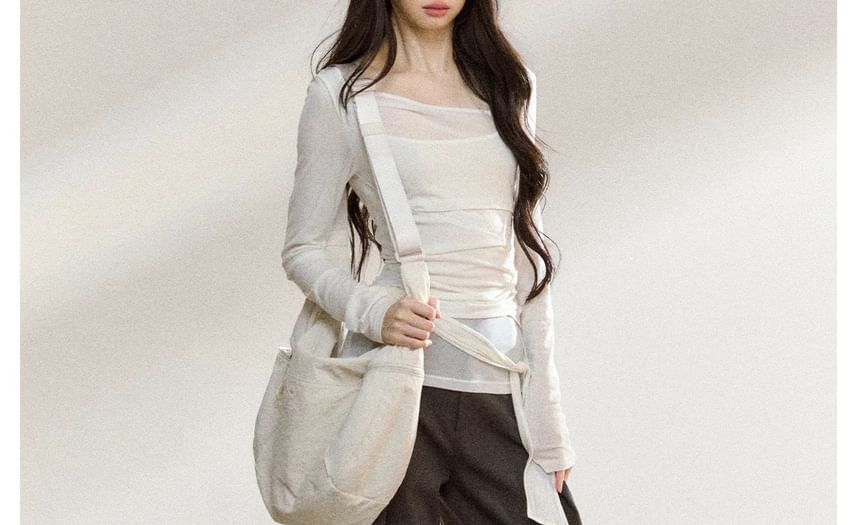 Long Sleeve Asymmetrical Neck Plain Tie Waist Tee / High Rise Wide Leg Pants