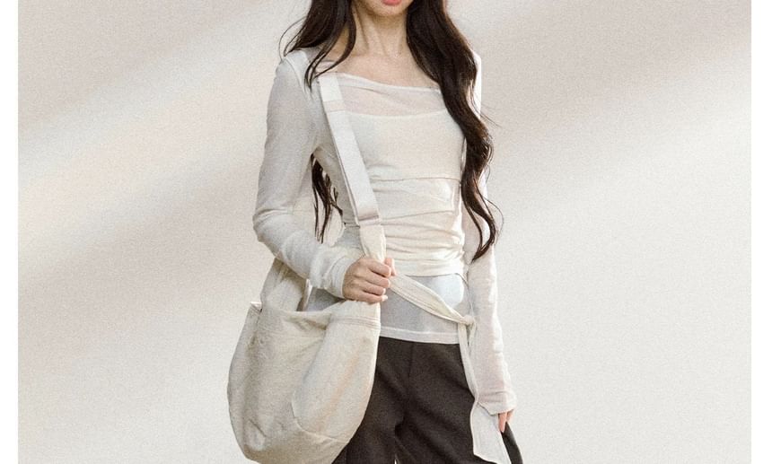 Long Sleeve Asymmetrical Neck Plain Tie Waist Tee / High Rise Wide Leg Pants