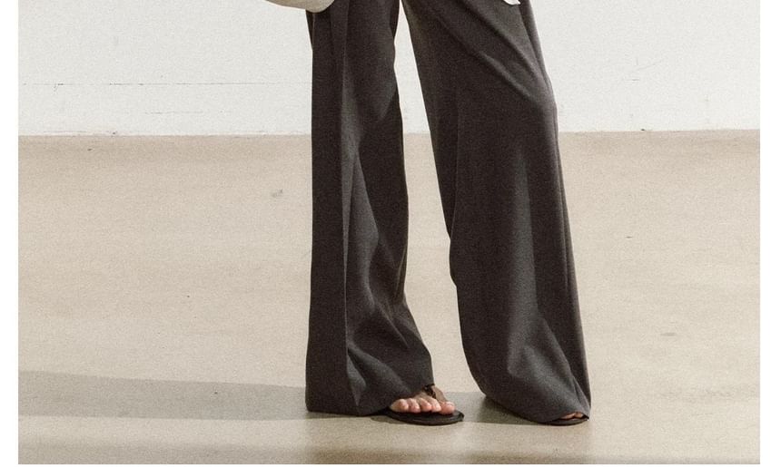 Long Sleeve Asymmetrical Neck Plain Tie Waist Tee / High Rise Wide Leg Pants