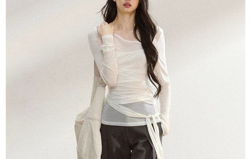 Long Sleeve Asymmetrical Neck Plain Tie Waist Tee / High Rise Wide Leg Pants