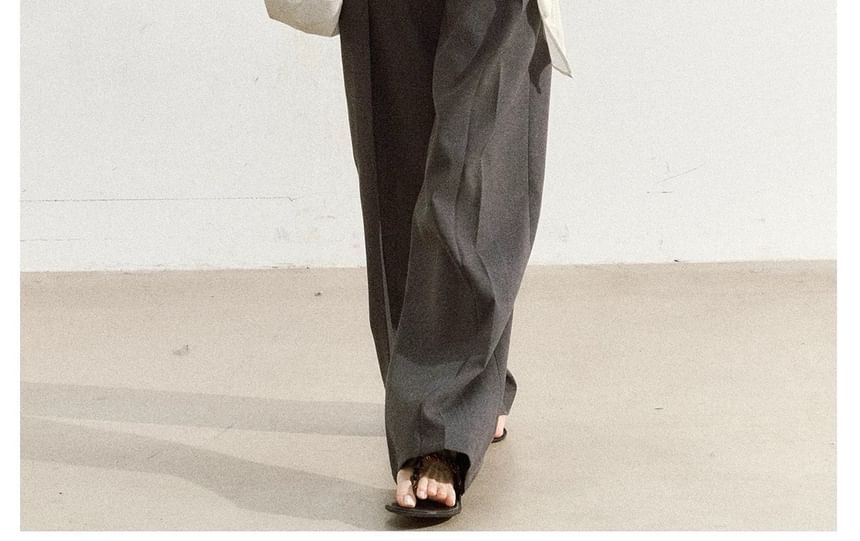 Long Sleeve Asymmetrical Neck Plain Tie Waist Tee / High Rise Wide Leg Pants