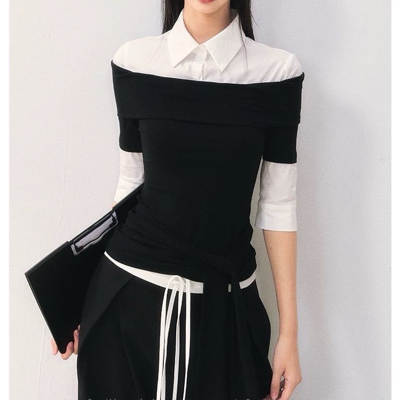 Elbow Sleeve Collar Two Tone Mock Two Piece Tee Shirt