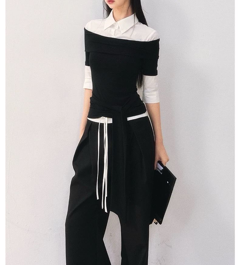 Elbow Sleeve Collar Two Tone Mock Two Piece Tee Shirt