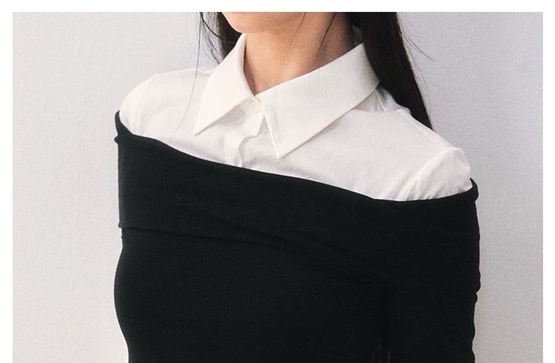 Elbow Sleeve Collar Two Tone Mock Two Piece Tee Shirt