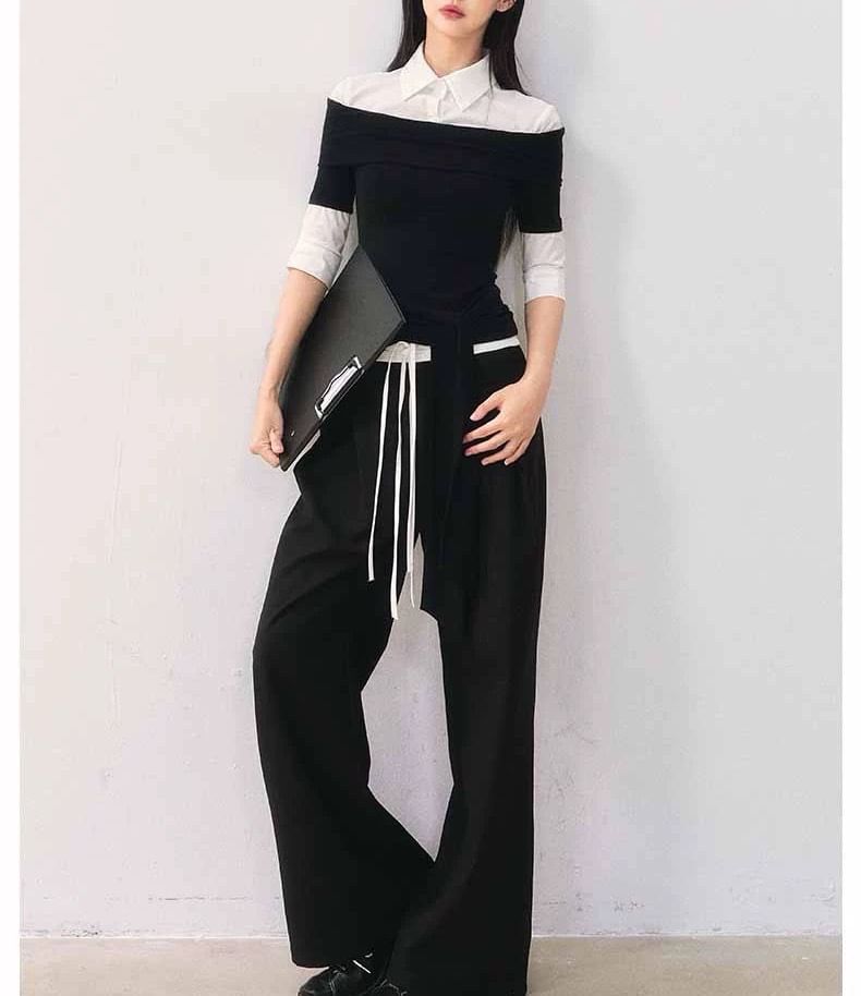 Elbow Sleeve Collar Two Tone Mock Two Piece Tee Shirt