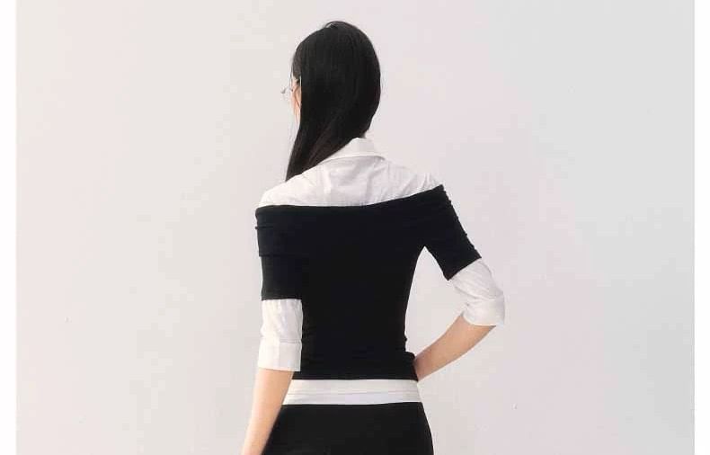 Elbow Sleeve Collar Two Tone Mock Two Piece Tee Shirt