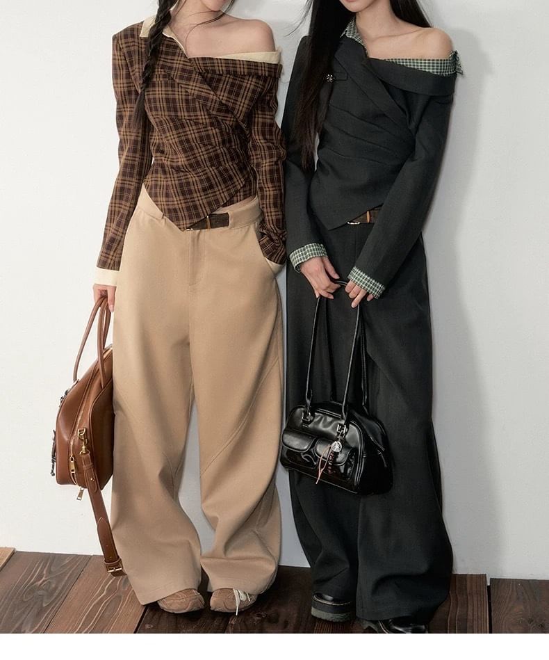 Asymmetric One-Shoulder Blouse with Long Sleeves & High-Waist Baggy Trousers