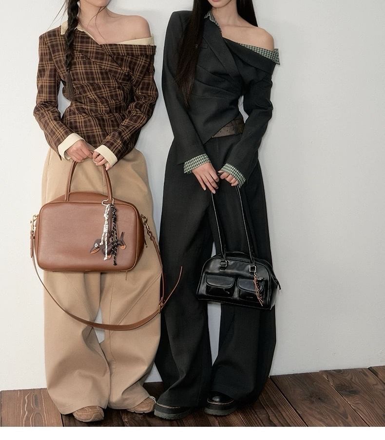 Asymmetric One-Shoulder Blouse with Long Sleeves & High-Waist Baggy Trousers