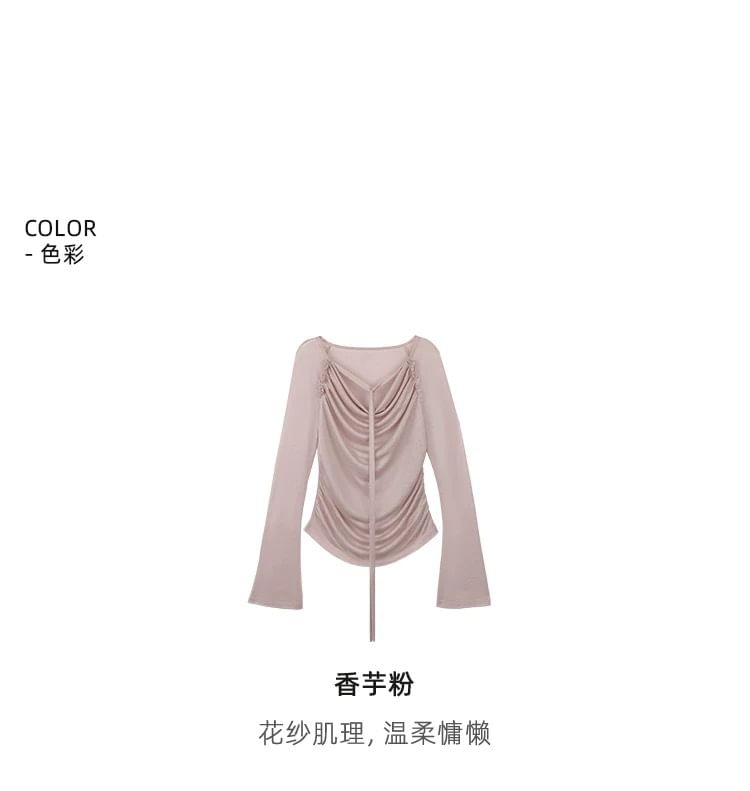 Cowl Neck Plain Ruched Long Sleeve Tee Shirt
