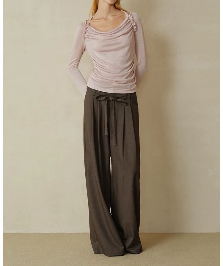 Cowl Neck Plain Ruched Long Sleeve Tee Shirt
