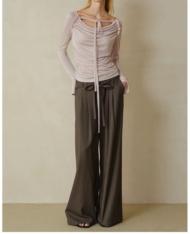 Cowl Neck Plain Ruched Long Sleeve Tee Shirt