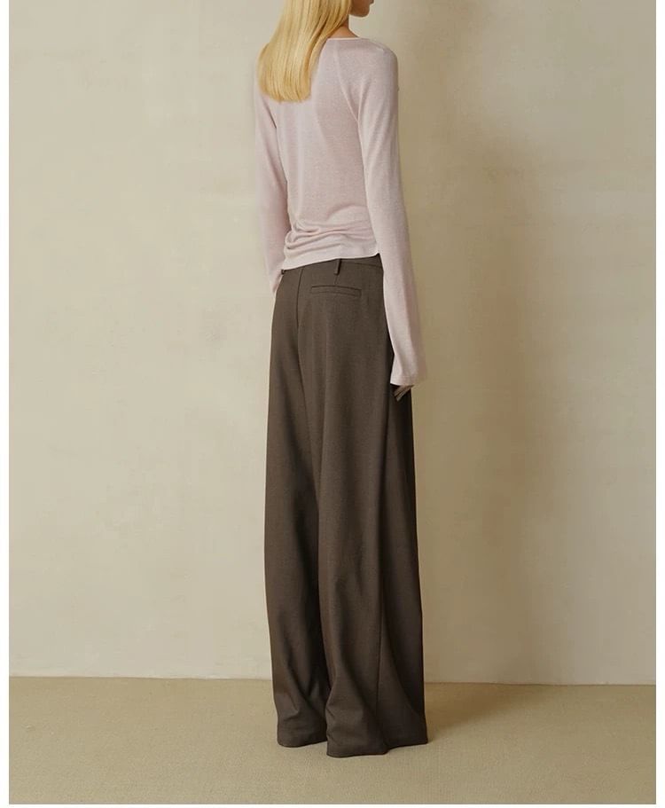 Cowl Neck Plain Ruched Long Sleeve Tee Shirt