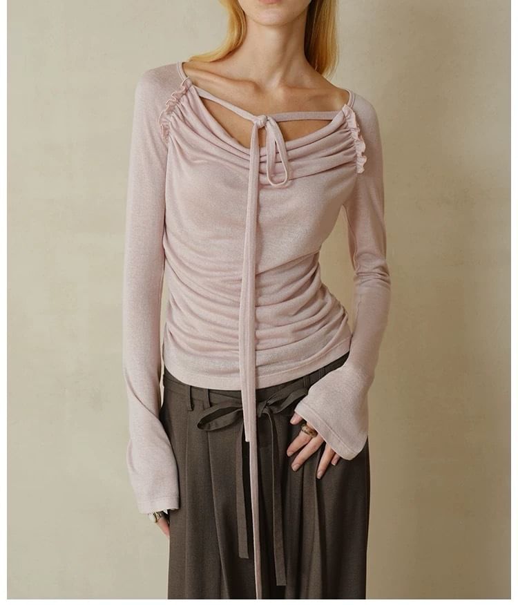 Cowl Neck Plain Ruched Long Sleeve Tee Shirt