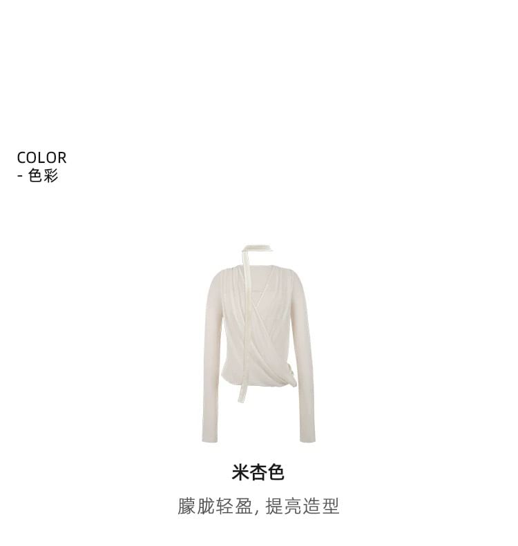 Long Sleeve V Neck Plain Mock Two Piece Knit Top / Mid Rise Striped Wide Leg Pants