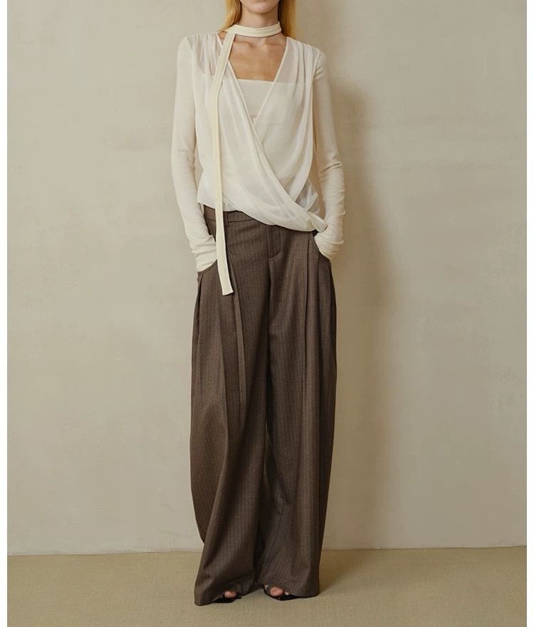 Long Sleeve V Neck Plain Mock Two Piece Knit Top / Mid Rise Striped Wide Leg Pants