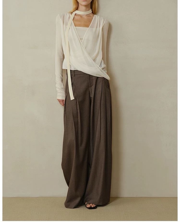 Long Sleeve V Neck Plain Mock Two Piece Knit Top / Mid Rise Striped Wide Leg Pants