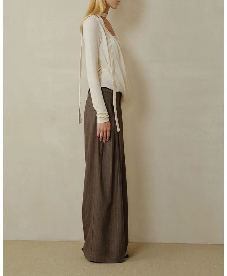 Long Sleeve V Neck Plain Mock Two Piece Knit Top / Mid Rise Striped Wide Leg Pants
