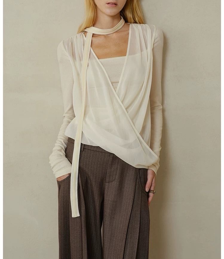 Long Sleeve V Neck Plain Mock Two Piece Knit Top / Mid Rise Striped Wide Leg Pants