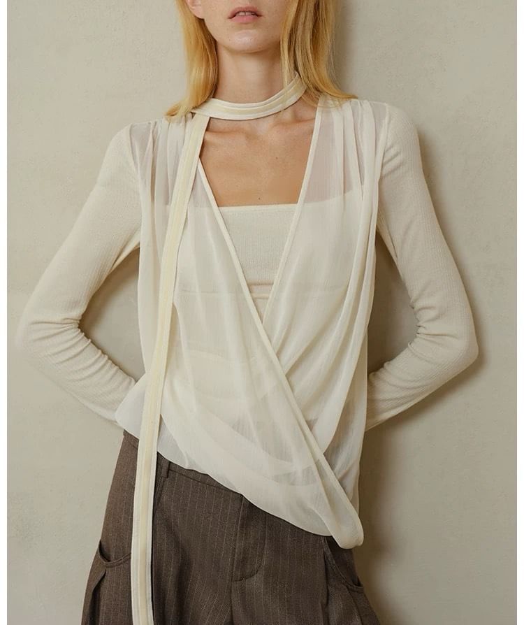 Long Sleeve V Neck Plain Mock Two Piece Knit Top / Mid Rise Striped Wide Leg Pants