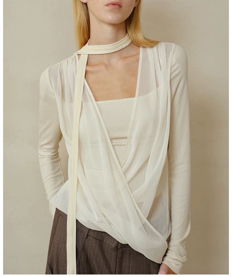 Long Sleeve V Neck Plain Mock Two Piece Knit Top / Mid Rise Striped Wide Leg Pants